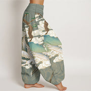 Buddha Stones Pure Cotton Flying Cranes Auspicious Clouds Tree women's Elastic Waist Harem Pants