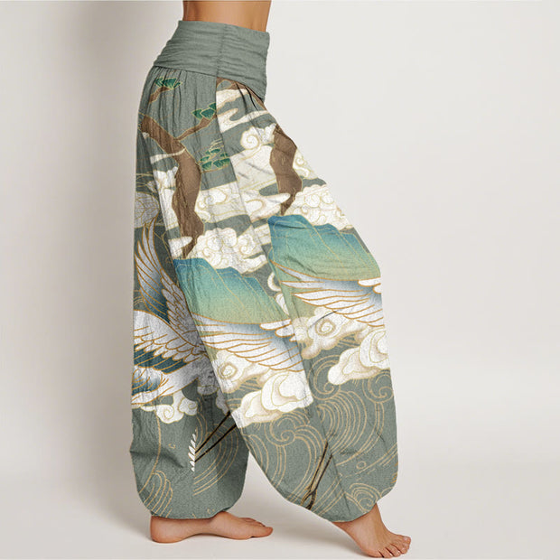 Buddha Stones Pure Cotton Flying Cranes Auspicious Clouds Tree women's Elastic Waist Harem Pants