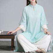 Buddha Stones Solid Women's Three Quarter Sleeve Chiffon Irregular Shirt Dress Wide Leg Pants Meditation Clothing
