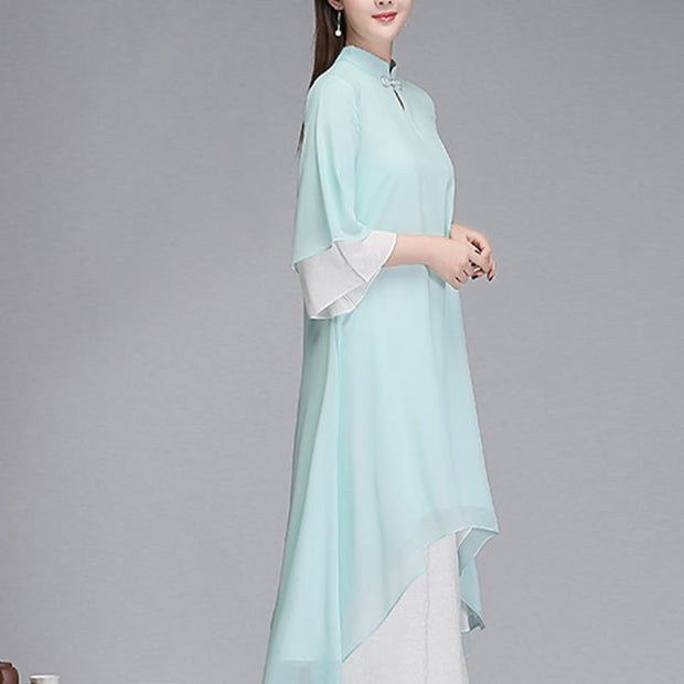 Buddha Stones Solid Women's Three Quarter Sleeve Chiffon Irregular Shirt Dress Wide Leg Pants Meditation Clothing