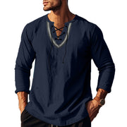 Buddha Stones Solid Color Fall Lace-up Men's V-Neck Long Sleeve Cotton Shirt - SteelBlue - US/UK/AU46，EU56 (3XL) - image 13