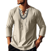 Buddha Stones Solid Color Fall Lace-up Men's V-Neck Long Sleeve Cotton Shirt - Beige - US/UK/AU46，EU56 (3XL) - image 63