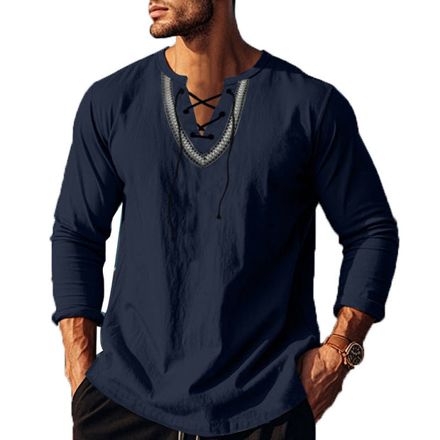 Buddha Stones Solid Color Fall Lace-up Men's V-Neck Long Sleeve Cotton Shirt - SteelBlue - US/UK/AU46，EU56 (3XL) - image 13
