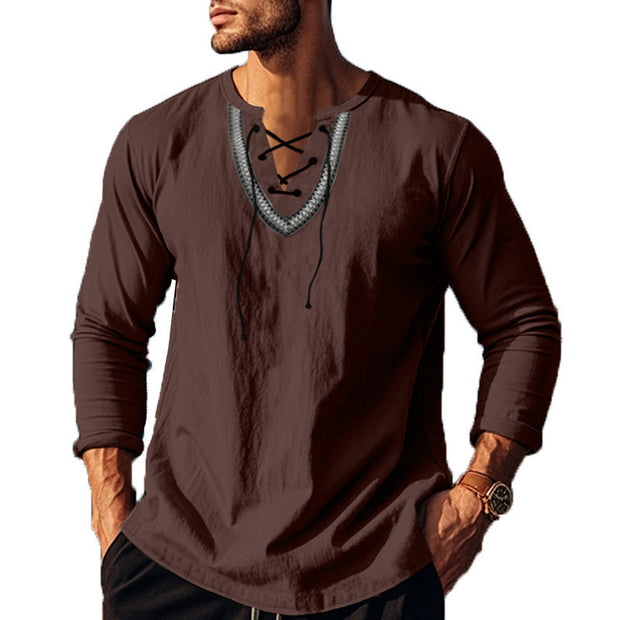 Buddha Stones Solid Color Fall Lace-up Men's V-Neck Long Sleeve Cotton Shirt - SaddleBrown - US/UK/AU46，EU56 (3XL) - image 38