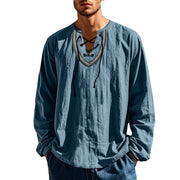 Buddha Stones Solid Color Fall Lace-up Men's V-Neck Long Sleeve Cotton Shirt - SkyBlue - US/UK/AU46，EU56 (3XL) - image 1