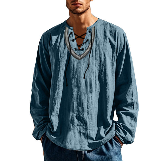 Buddha Stones Solid Color Fall Lace-up Men's V-Neck Long Sleeve Cotton Shirt - SkyBlue - US/UK/AU46，EU56 (3XL) - image 1