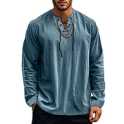 Buddha Stones Solid Color Fall Lace-up Men's V-Neck Long Sleeve Cotton Shirt - image 5