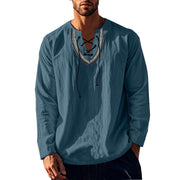 Buddha Stones Solid Color Fall Lace-up Men's V-Neck Long Sleeve Cotton Shirt - image 4