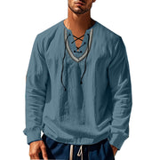 Buddha Stones Solid Color Fall Lace-up Men's V-Neck Long Sleeve Cotton Shirt - image 8