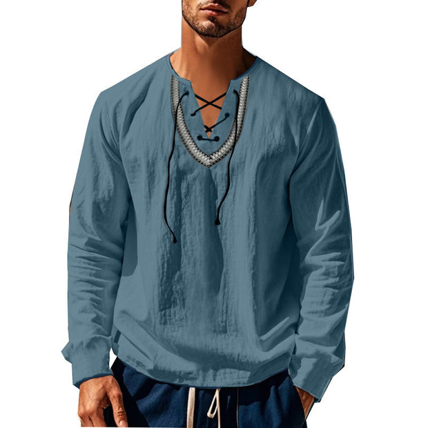 Buddha Stones Solid Color Fall Lace-up Men's V-Neck Long Sleeve Cotton Shirt - image 8