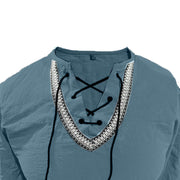 Buddha Stones Solid Color Fall Lace-up Men's V-Neck Long Sleeve Cotton Shirt - image 9