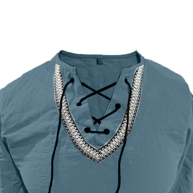Buddha Stones Solid Color Fall Lace-up Men's V-Neck Long Sleeve Cotton Shirt - image 9