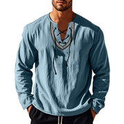 Buddha Stones Solid Color Fall Lace-up Men's V-Neck Long Sleeve Cotton Shirt - image 7