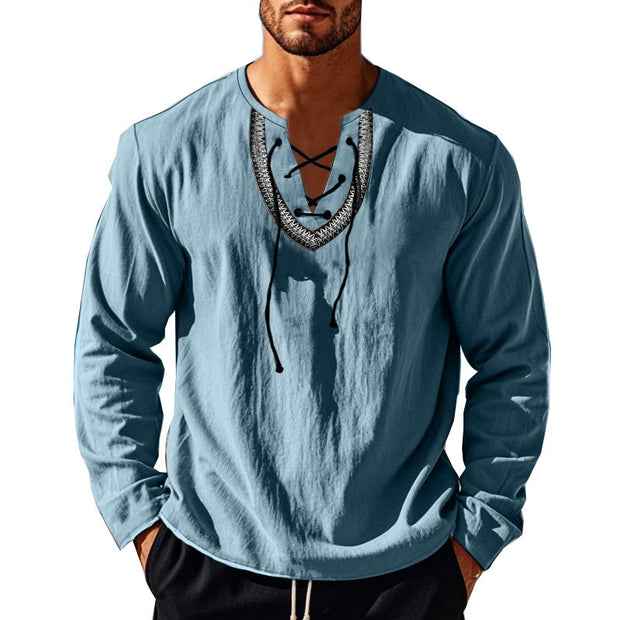 Buddha Stones Solid Color Fall Lace-up Men's V-Neck Long Sleeve Cotton Shirt - image 7