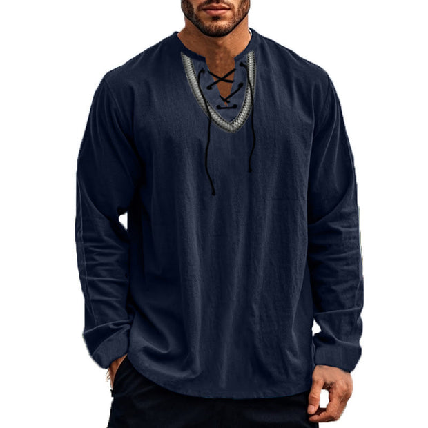 Buddha Stones Solid Color Fall Lace-up Men's V-Neck Long Sleeve Cotton Shirt - image 21
