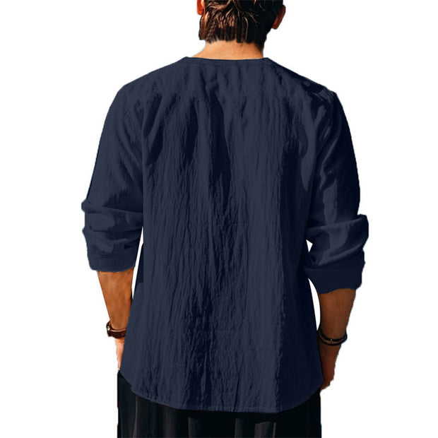 Buddha Stones Solid Color Fall Lace-up Men's V-Neck Long Sleeve Cotton Shirt - image 15