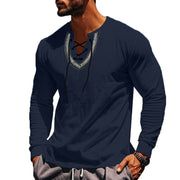 Buddha Stones Solid Color Fall Lace-up Men's V-Neck Long Sleeve Cotton Shirt - image 16