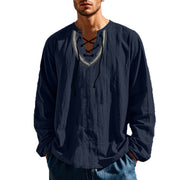 Buddha Stones Solid Color Fall Lace-up Men's V-Neck Long Sleeve Cotton Shirt - image 19