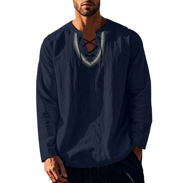 Buddha Stones Solid Color Fall Lace-up Men's V-Neck Long Sleeve Cotton Shirt - image 18