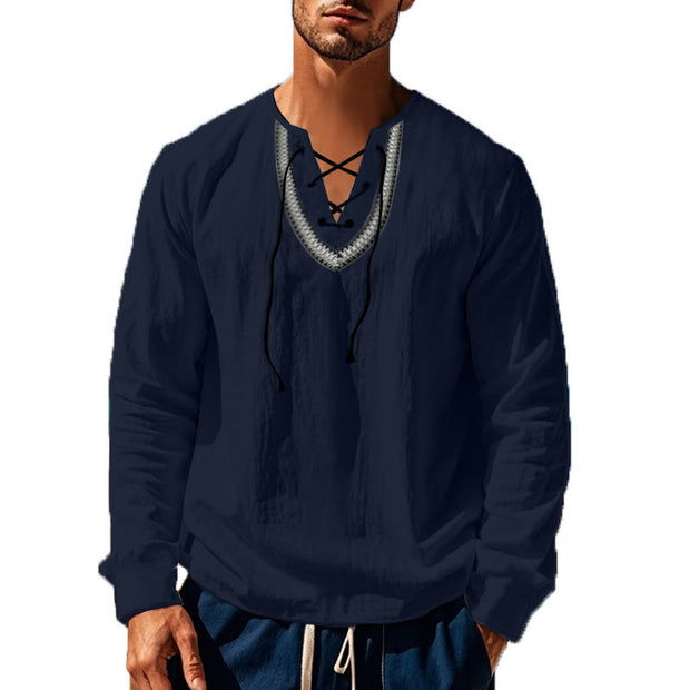 Buddha Stones Solid Color Fall Lace-up Men's V-Neck Long Sleeve Cotton Shirt - image 17