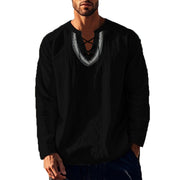 Buddha Stones Solid Color Fall Lace-up Men's V-Neck Long Sleeve Cotton Shirt - image 30