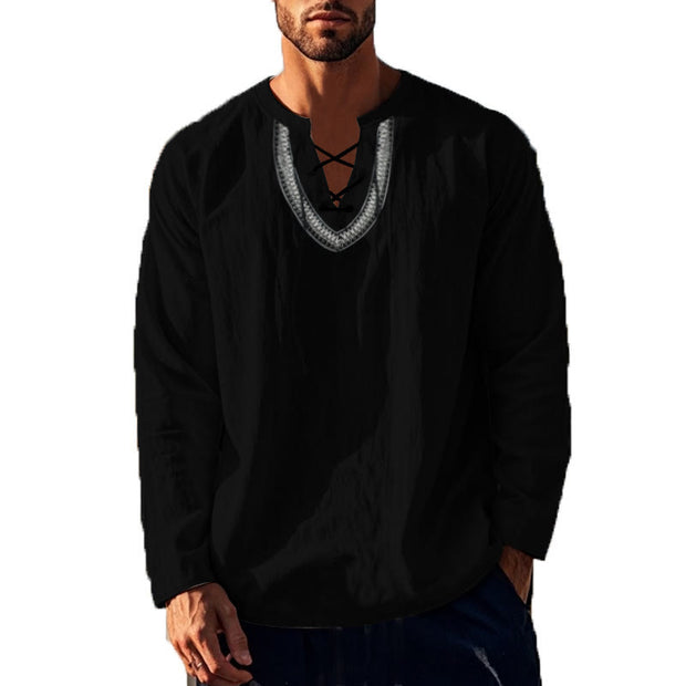 Buddha Stones Solid Color Fall Lace-up Men's V-Neck Long Sleeve Cotton Shirt - image 30