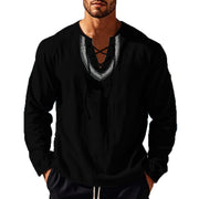 Buddha Stones Solid Color Fall Lace-up Men's V-Neck Long Sleeve Cotton Shirt - image 29