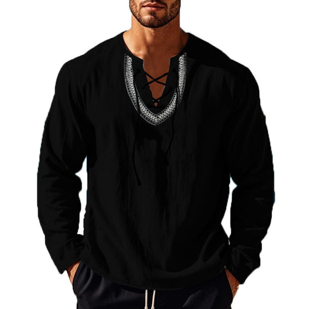 Buddha Stones Solid Color Fall Lace-up Men's V-Neck Long Sleeve Cotton Shirt - image 29