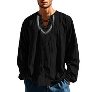 Buddha Stones Solid Color Fall Lace-up Men's V-Neck Long Sleeve Cotton Shirt - image 32