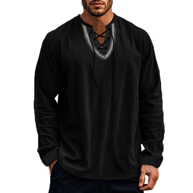 Buddha Stones Solid Color Fall Lace-up Men's V-Neck Long Sleeve Cotton Shirt - image 31