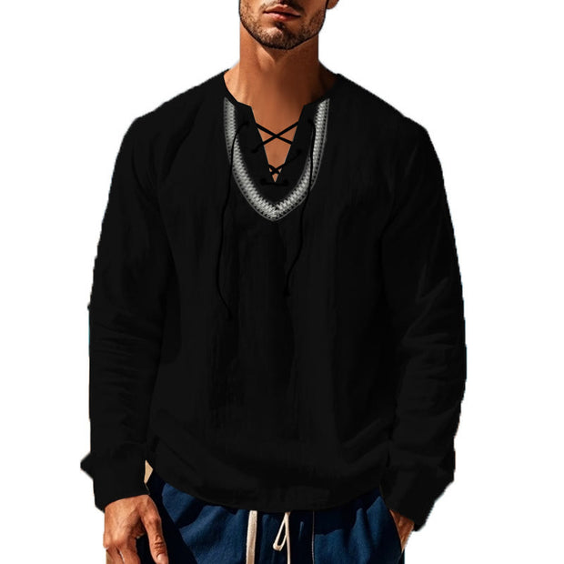 Buddha Stones Solid Color Fall Lace-up Men's V-Neck Long Sleeve Cotton Shirt - image 33