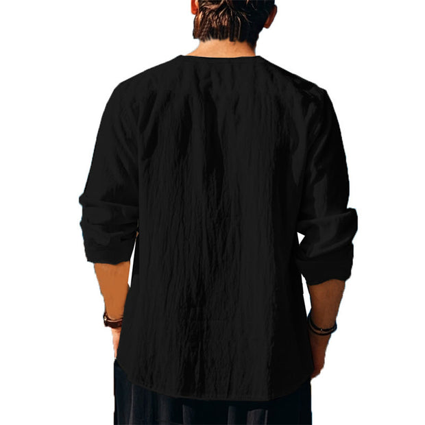 Buddha Stones Solid Color Fall Lace-up Men's V-Neck Long Sleeve Cotton Shirt - image 28