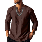 Buddha Stones Solid Color Fall Lace-up Men's V-Neck Long Sleeve Cotton Shirt - image 43