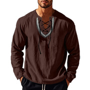 Buddha Stones Solid Color Fall Lace-up Men's V-Neck Long Sleeve Cotton Shirt - image 44