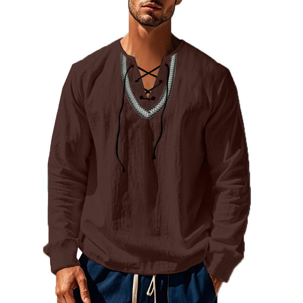 Buddha Stones Solid Color Fall Lace-up Men's V-Neck Long Sleeve Cotton Shirt - image 42
