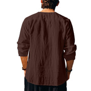 Buddha Stones Solid Color Fall Lace-up Men's V-Neck Long Sleeve Cotton Shirt - image 40