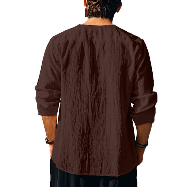 Buddha Stones Solid Color Fall Lace-up Men's V-Neck Long Sleeve Cotton Shirt - image 40