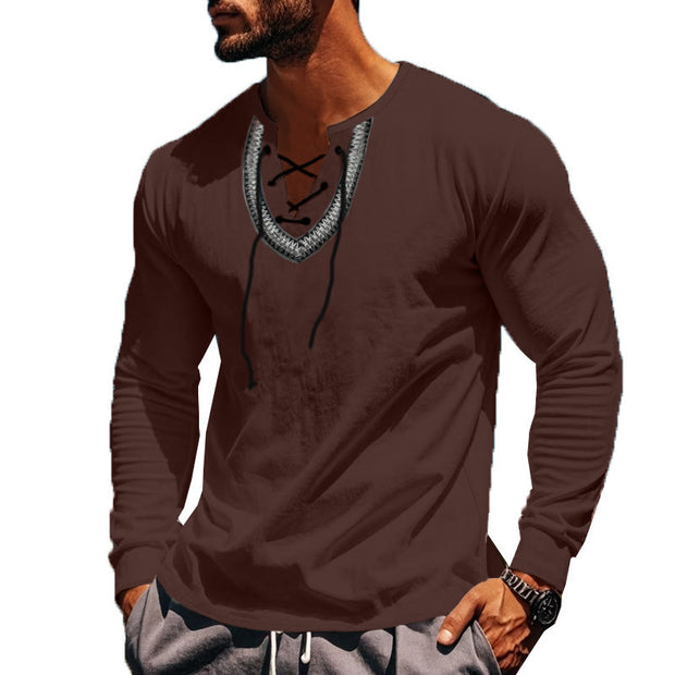 Buddha Stones Solid Color Fall Lace-up Men's V-Neck Long Sleeve Cotton Shirt - image 45