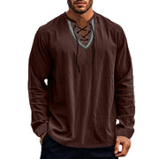 Buddha Stones Solid Color Fall Lace-up Men's V-Neck Long Sleeve Cotton Shirt - image 46