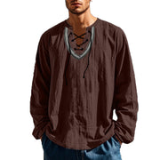 Buddha Stones Solid Color Fall Lace-up Men's V-Neck Long Sleeve Cotton Shirt - image 41