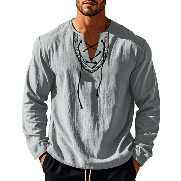 Buddha Stones Solid Color Fall Lace-up Men's V-Neck Long Sleeve Cotton Shirt - image 58