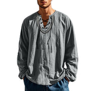 Buddha Stones Solid Color Fall Lace-up Men's V-Neck Long Sleeve Cotton Shirt - image 55