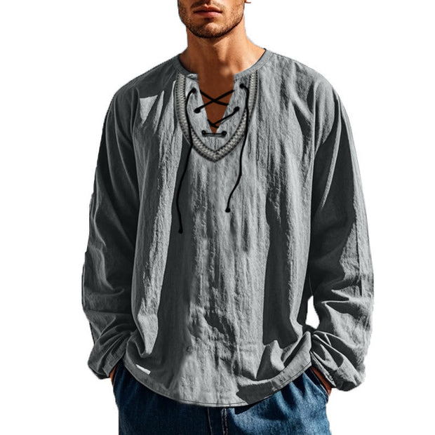 Buddha Stones Solid Color Fall Lace-up Men's V-Neck Long Sleeve Cotton Shirt - image 55