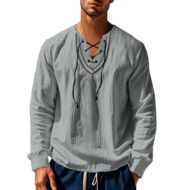 Buddha Stones Solid Color Fall Lace-up Men's V-Neck Long Sleeve Cotton Shirt - image 54