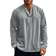 Buddha Stones Solid Color Fall Lace-up Men's V-Neck Long Sleeve Cotton Shirt - image 57