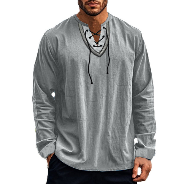 Buddha Stones Solid Color Fall Lace-up Men's V-Neck Long Sleeve Cotton Shirt - image 57