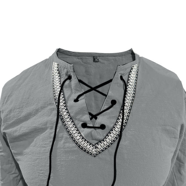 Buddha Stones Solid Color Fall Lace-up Men's V-Neck Long Sleeve Cotton Shirt - image 59