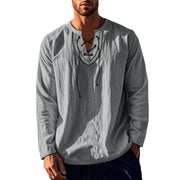 Buddha Stones Solid Color Fall Lace-up Men's V-Neck Long Sleeve Cotton Shirt - image 52