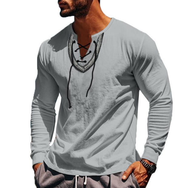 Buddha Stones Solid Color Fall Lace-up Men's V-Neck Long Sleeve Cotton Shirt - image 56