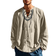 Buddha Stones Solid Color Fall Lace-up Men's V-Neck Long Sleeve Cotton Shirt - image 70